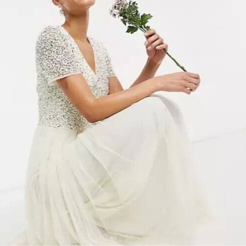 NWT Maya Deluxe cream ecru sequin tulle formal homecoming prom bridesmaid dress